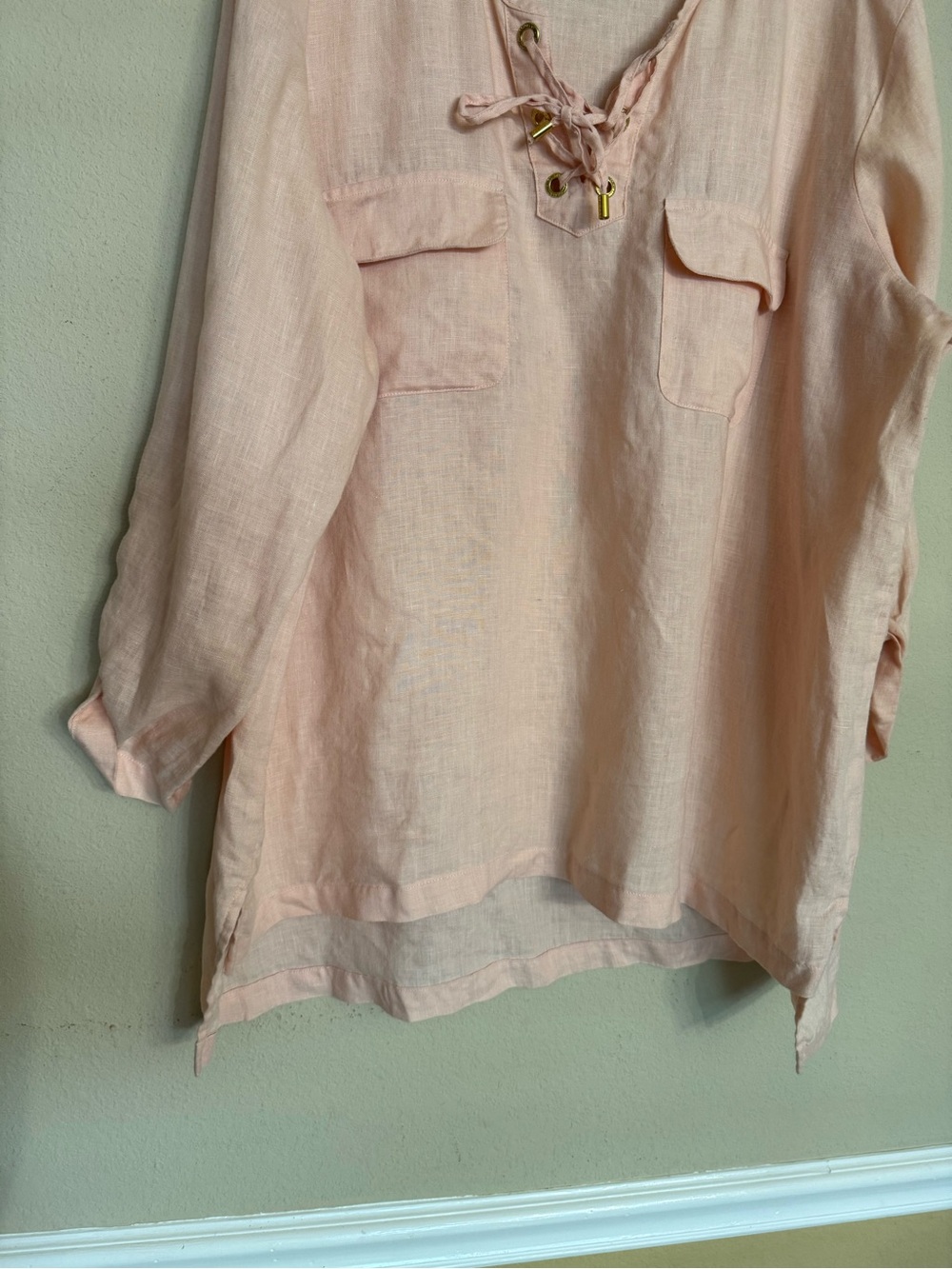 Company Ellen Tracy Linen Toll Tab Sleeve Tunic Top Size XXL Pink Boho Coastal - Picture 11 of 16